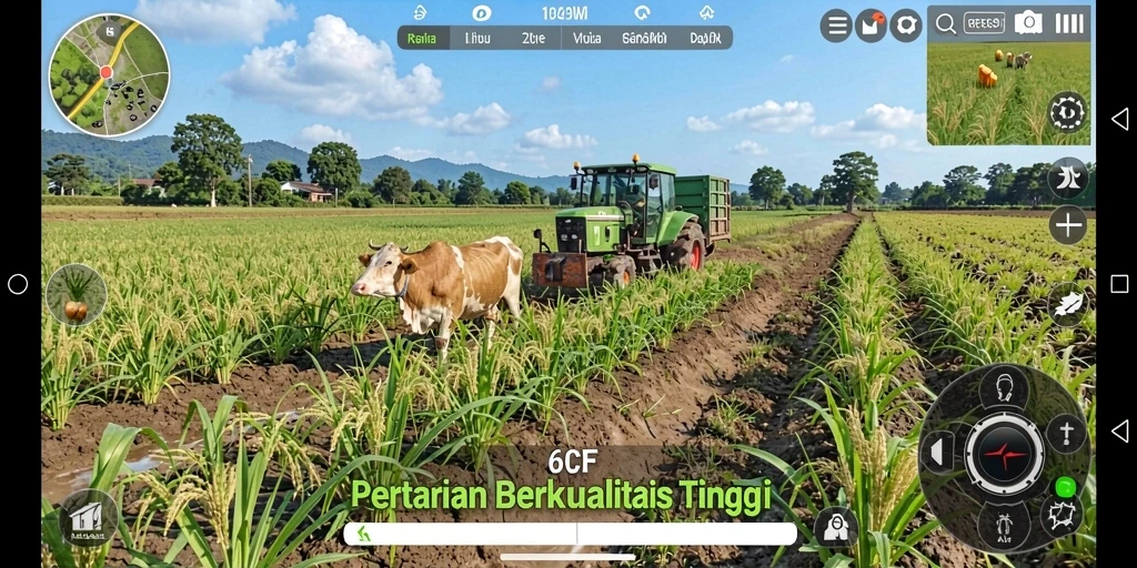 Gameplay Farming dengan berbagai tanaman dan ladang yang luas.