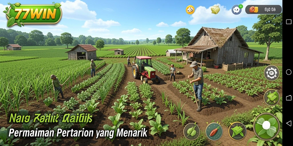 Screenshot gameplay <strong>77WIN</strong> menampilkan ladang yang hijau dan hewan peliharaan yang lucu.