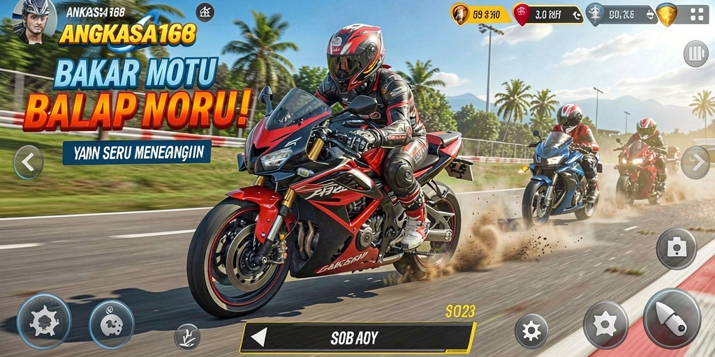 Tampilan gameplay seru di ANGKASA168 dengan balapan motor yang mendebarkan.