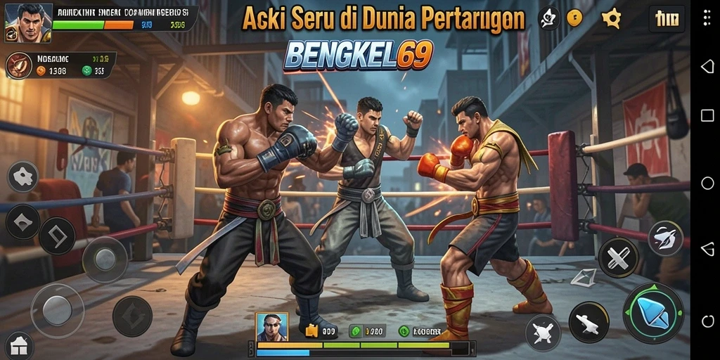 Screenshot utama BENGKEL69 menunjukkan pertarungan seru dengan latar belakang yang dinamis.