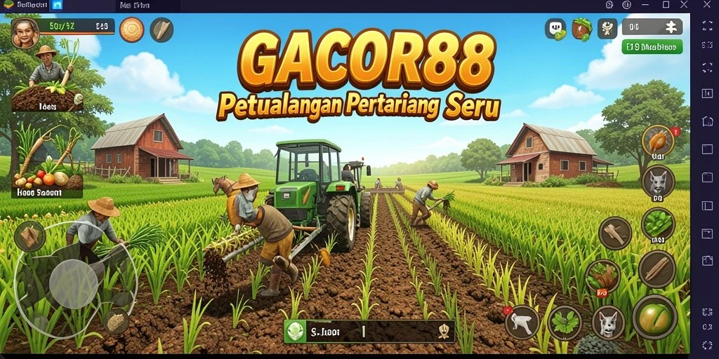 Tangkapan layar gameplay GACOR88 menampilkan keseruan bertani di kebun yang luas.