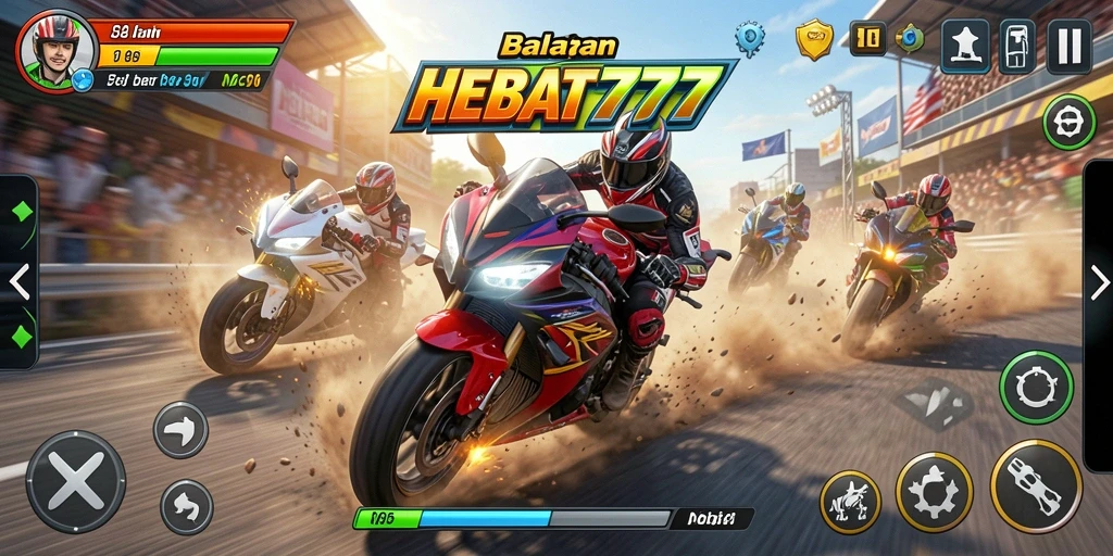 Screenshot gameplay HEBAT777 menampilkan aksi balapan motor yang mendebarkan.
