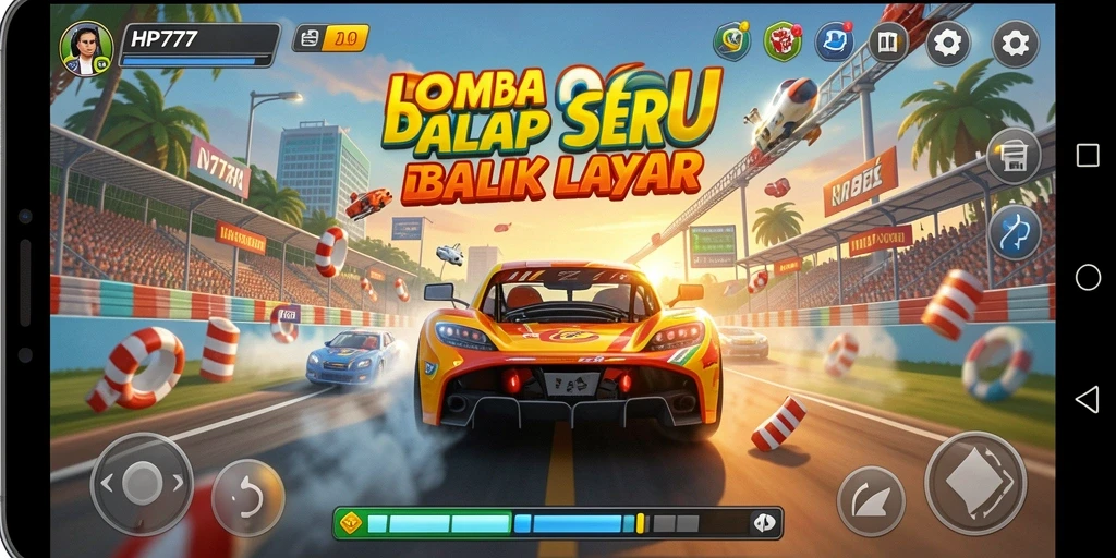 Screenshot utama HP777 menampilkan aksi balap yang seru dan kendaraan yang cepat.