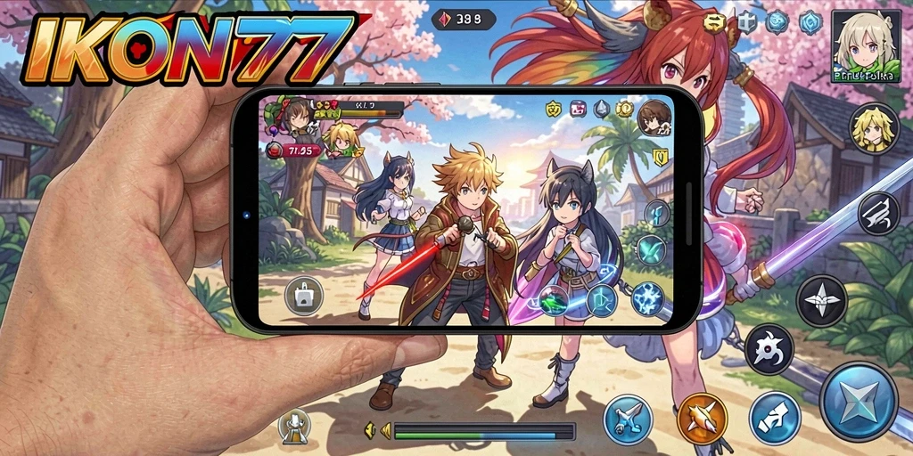 Tangkapan layar gameplay seru dari IKON777 dengan karakter anime.
