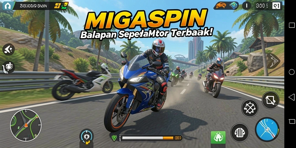 Gameplay MIGASPIN dengan lintasan balap yang menantang dan motor yang bertenaga.
