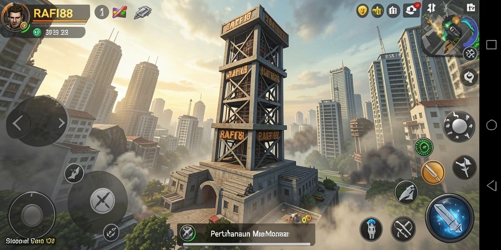 Tampilan gameplay RAFI88 dengan menara bertahan yang megah.