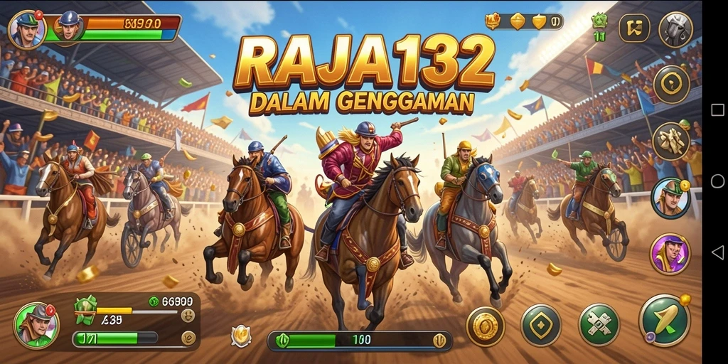 Tangkapan layar permainan RAJA132 menunjukkan aksi balapan yang mendebarkan.