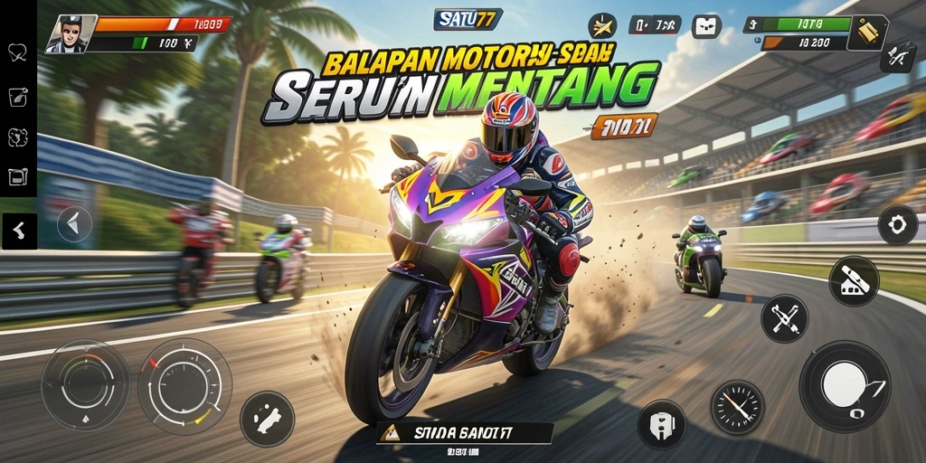 Tampilan gameplay seru di SATU77 dengan aksi balap motor menegangkan.