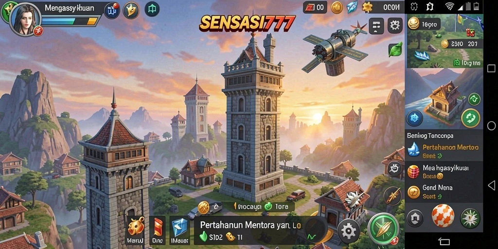 Tangkapan layar gameplay SENSASI777 dengan pertahanan menara yang intens.