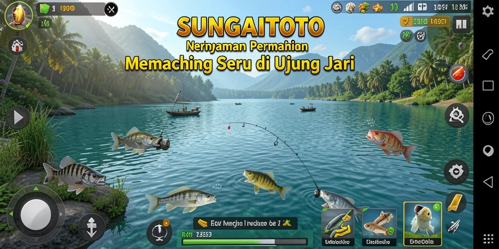 Tampilan gameplay <strong>SUNGAITOTO</strong> saat menangkap ikan di lokasi memancing.
